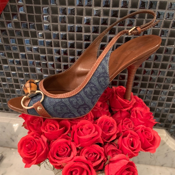Authentic Gucci denim bamboo sling back heels. - Picture 1 of 7